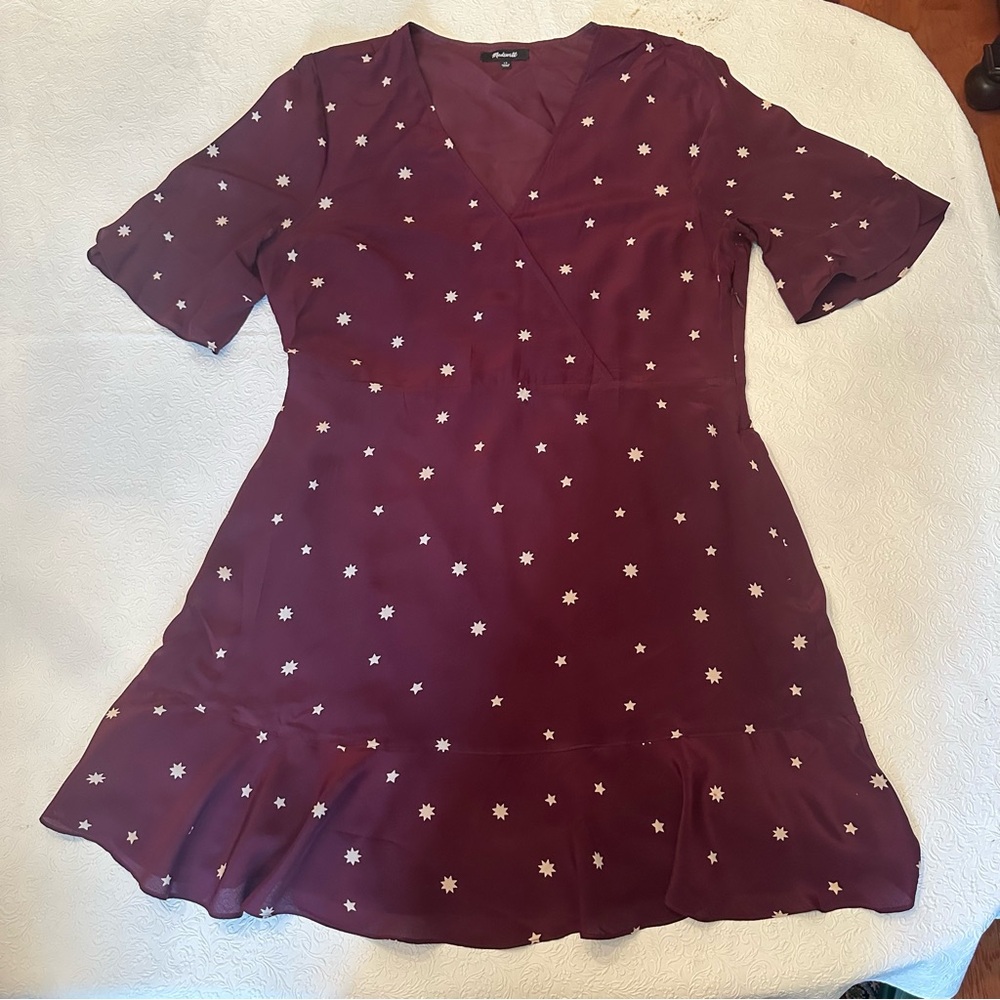 Madewell Silk Star Print Wrap Dress Burgundy Size 14